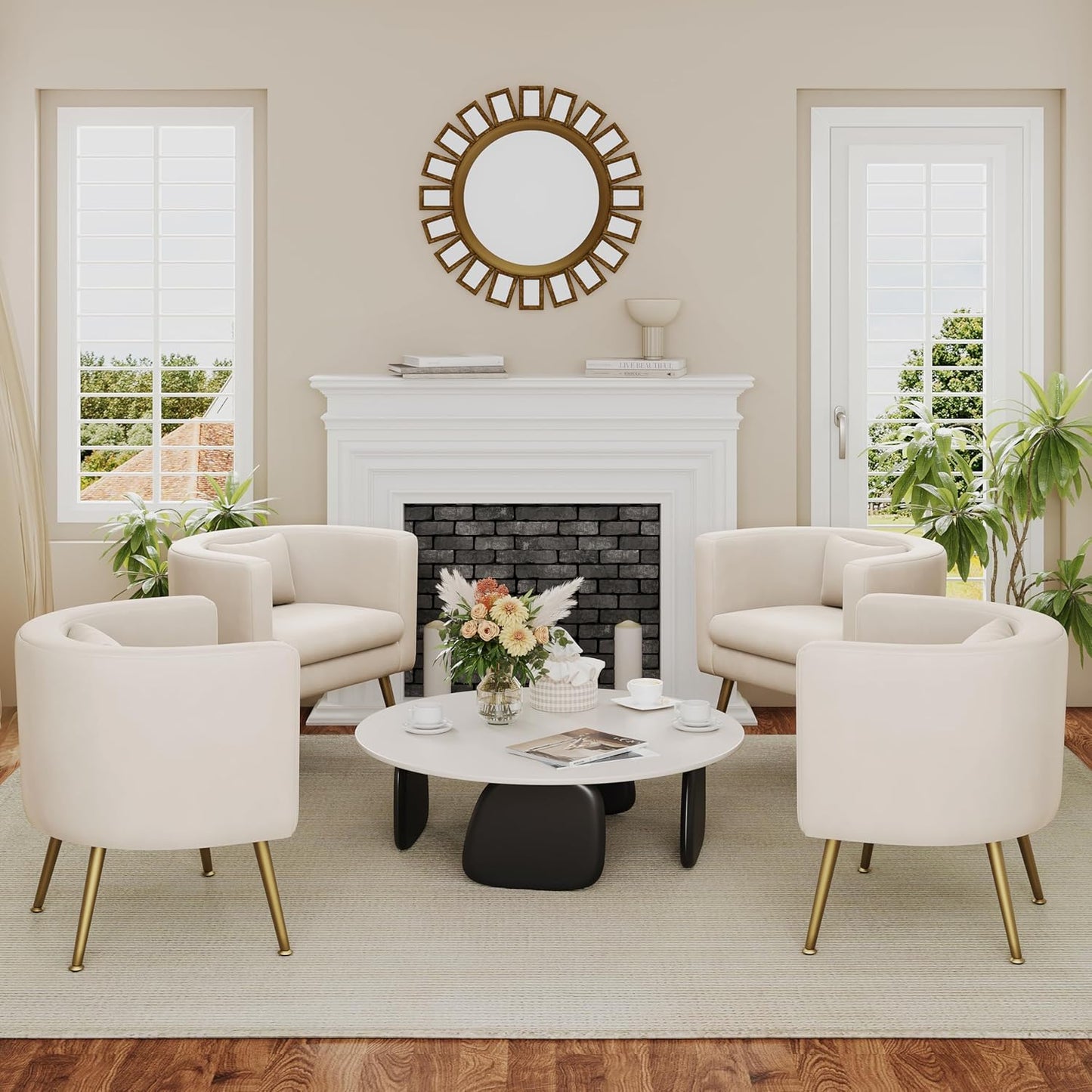Velvet Accent Chair with Gold Legs Modern Upholstered Barrel Chairs Ivory Armchair for Living Room Bedroom
