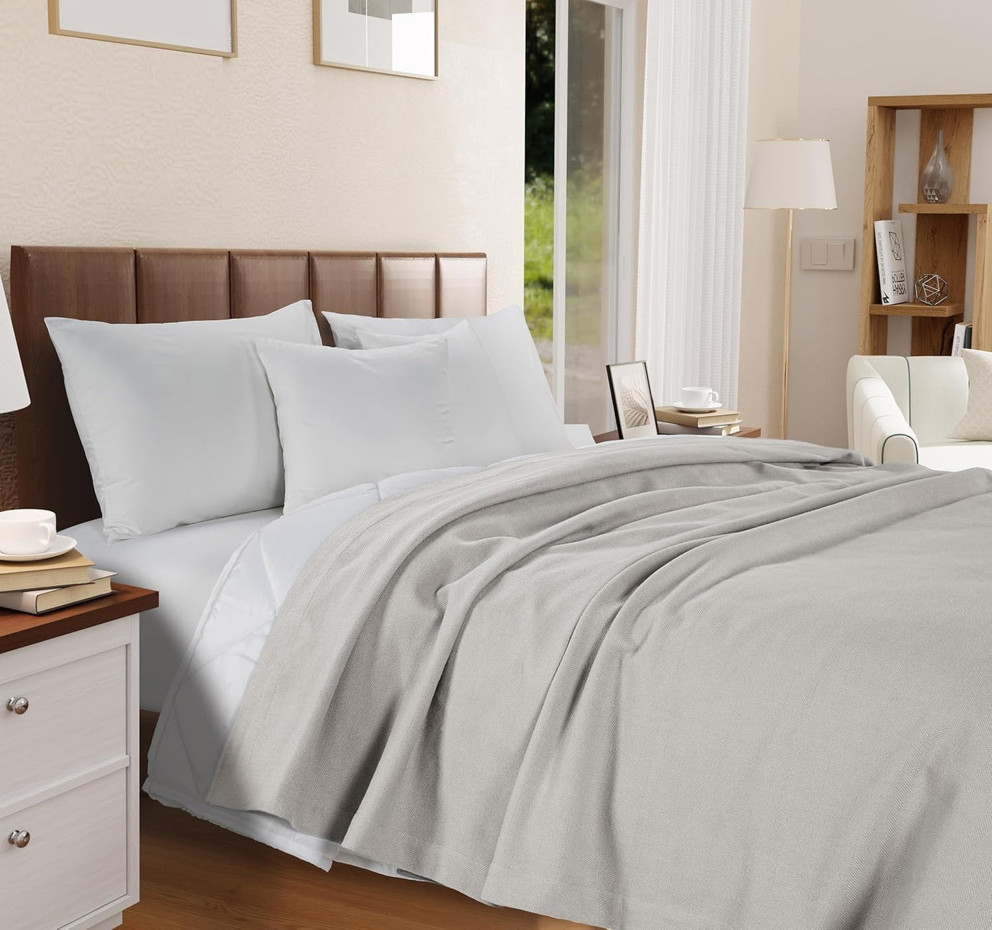 LANE LINEN Blanket Queen Size for Bed - 100% Cotton, Soft & Medium Weight Bed Blankets - Herringbone Weave All Season 350 GSM - Perfect for Queen/Full Everyday Bedding - Oeko-TEX Certified - Silver