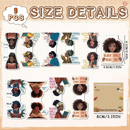 Laffact Reading Bookmarks for Black Girls Women - 9Pcs Black Girls Read Too Magnetic Book Tracker Bulk, Double-Sided Keep Reading Magnets Page Clips for Book Lovers Teachers Bookish Birthday Gift