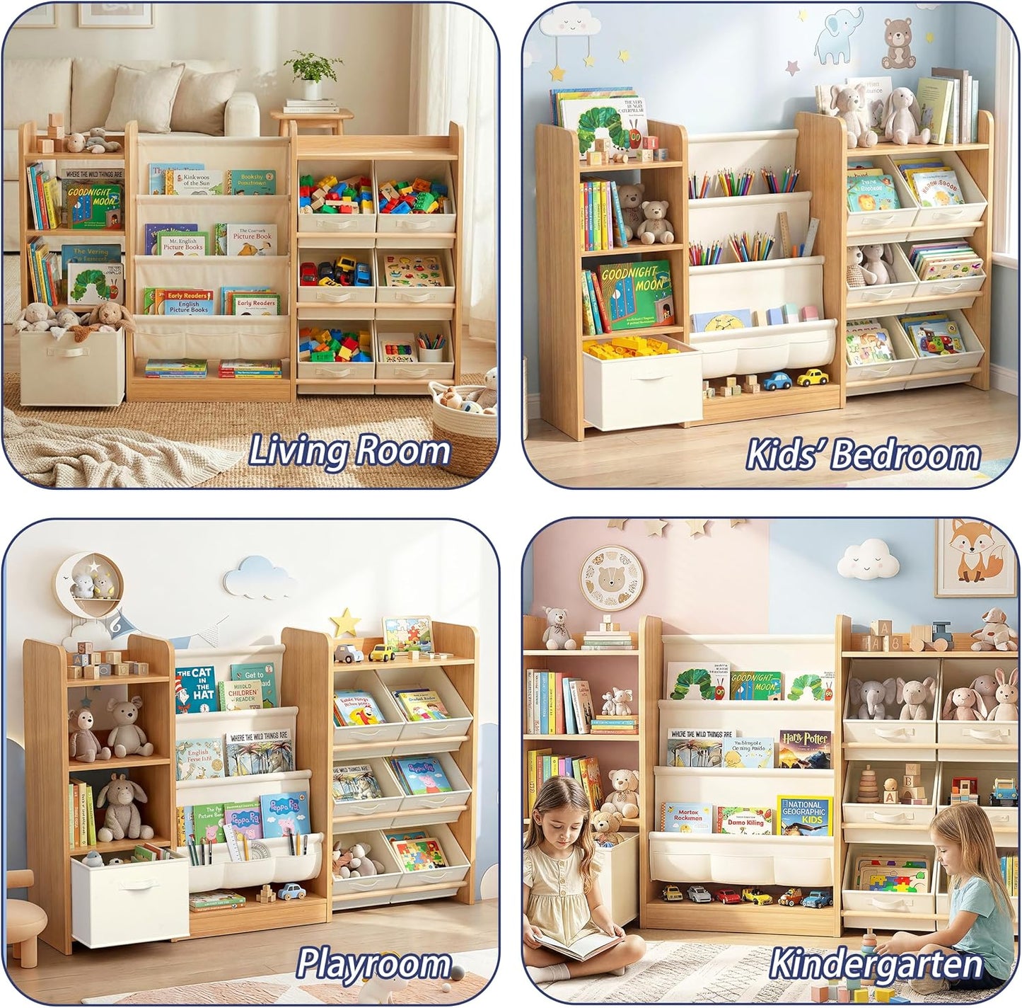 Kids Bookshelf and Toy Storage, Large Toy Storage Chest with Removable Bins, Kids Toy Storage Organizer, Sling Baby Bookcase, 4-Tier Book Shelf for Kids Room, Playroom, Classroom