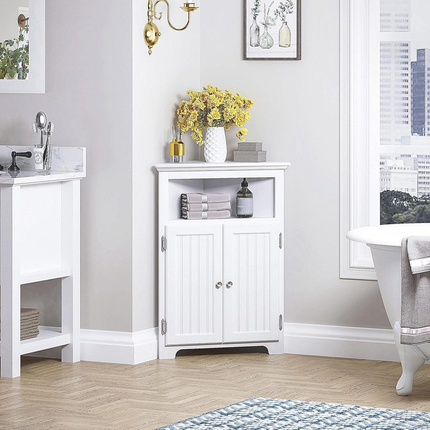 UTEX Bathroom Corner Storage Cabinet, Small Floor Corner Cabinet with Doors and Adjustable Shelves, Freestanding Narrow Storage Organizer for Bathroom, Kitchen, Living Room, White | Floor Corner Cabinet, Doors, Adjustable Shelves, Freestanding, Narrow Cab