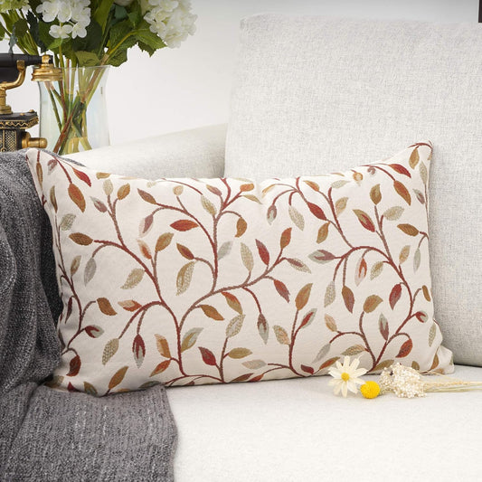YOUR SMILE Farmhouse Oblong Rectangle Floral Chenille Embroidery Decorative Throw Pillow Case Cushion Cover Lumbar Pillowcase for Sofa 12 x 20 Inch, Brown Leaves