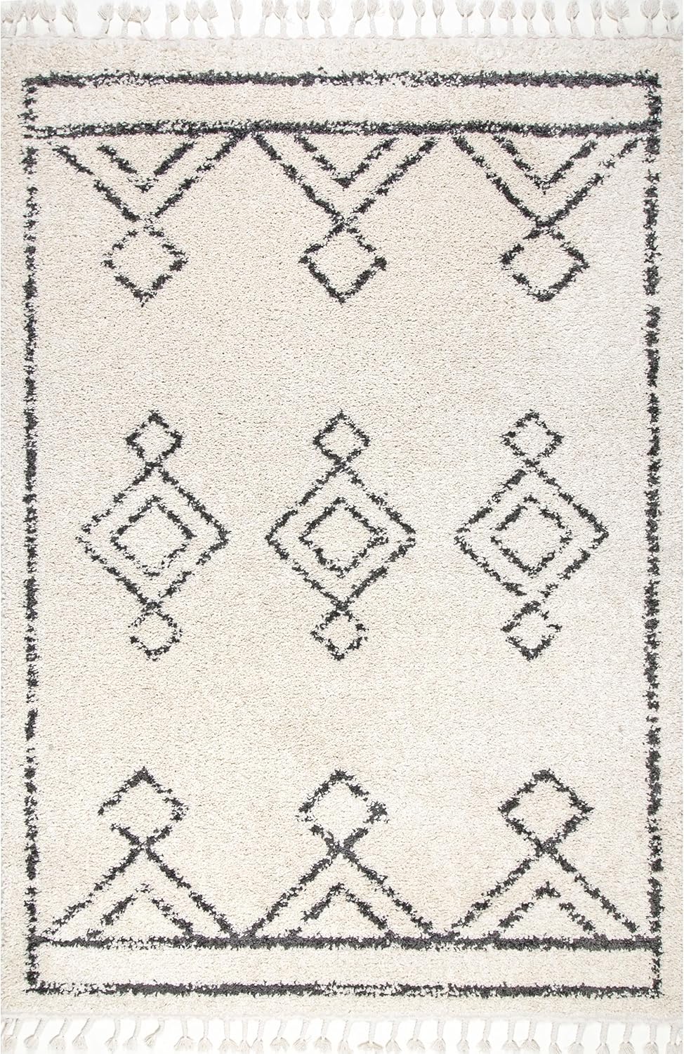 Nuloom Mackie Off-White/Charcoal, 7'10" x 10', Moroccan, Shag, Tassel, Soft and Cozy, High Traffic, Stain Resistant, Easy Clean, Durable Area Rug for Bedroom, Living Room, Dining, Den, Foyer, Entryway