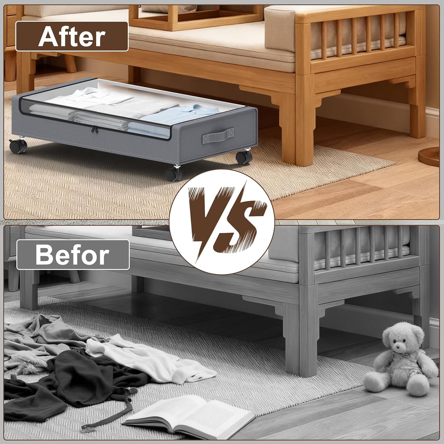 Under Bed Storage with Wheels - 2Pack 60L Underbed Storage Containers with Clear Lid & Label, Rolling Under Bed Storage Bins for Clothes, Shoes, Blankets (XL,Grey)