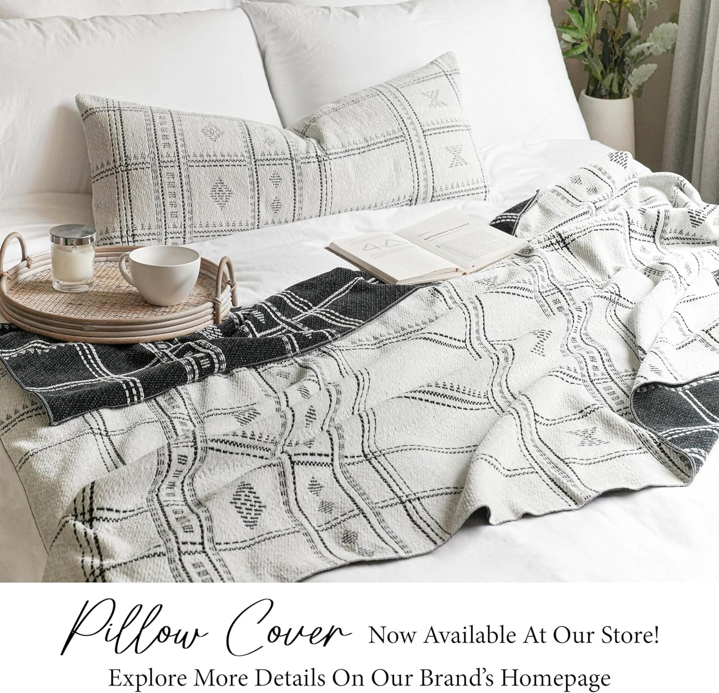BlissBlush White Black Boho Throw Blanket, Warm Soft Comfy Chenille 55x65, Textured Dual Sided Reversible Blanket for Couch Bed, Skin Friendly