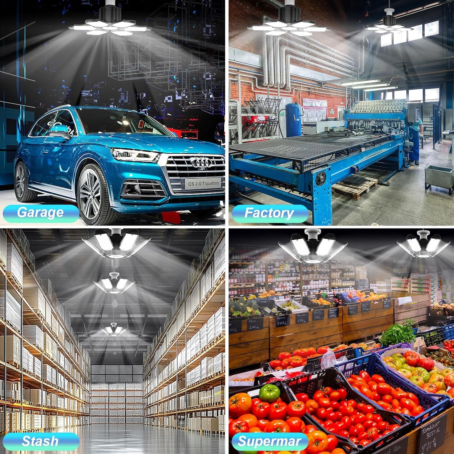 Led Garage Lights 6-Pack 200W Super Bright Ceiling Led Shop Lights, E26/E27 Base, 6500K, 22000LM Deformable Garage Light Ideal for Basement, Attic and Workshop