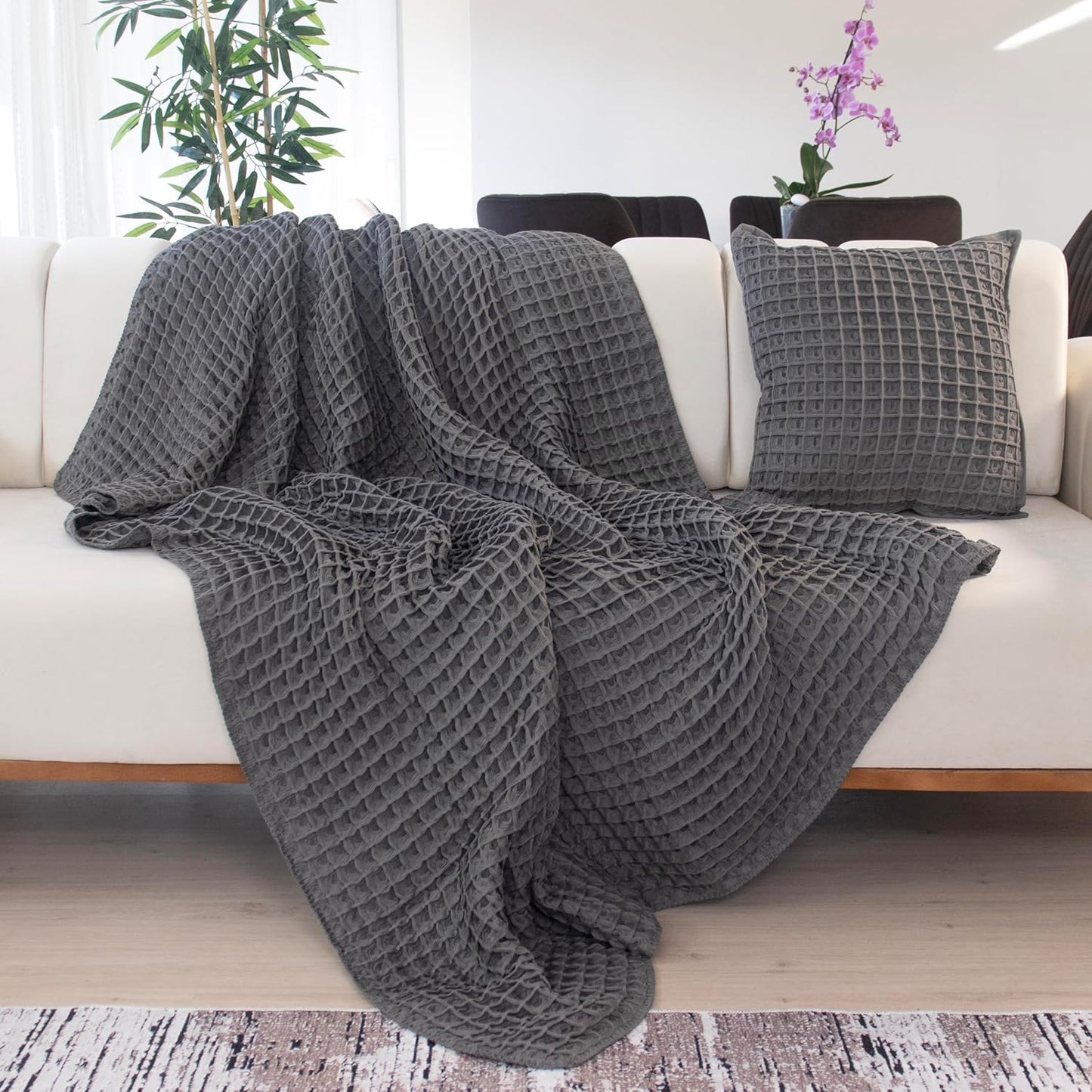 Premium Cotton Waffle Weave Throw Blanket - Large Waffle Style, Decorative, Breathable, Perfect Home Gift (Gray, Throw)