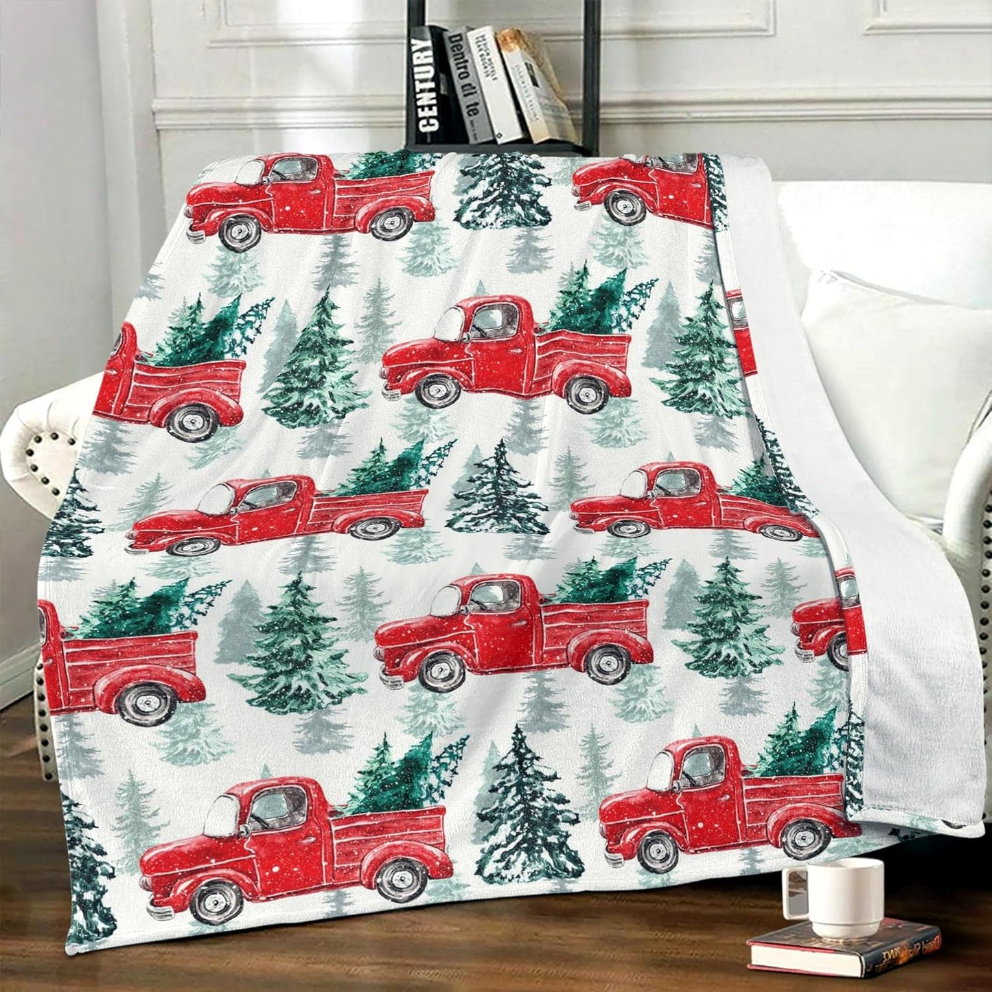 Christmas Throw Blanket Country Rustic Red Truck with Tree Design Blanket Soft Cozy Fuzzy Flannel Throw Blankets for Couch Bed Sofa Christmas Living Room Decor Blankets Gifts for All Season 50x60 Inch
