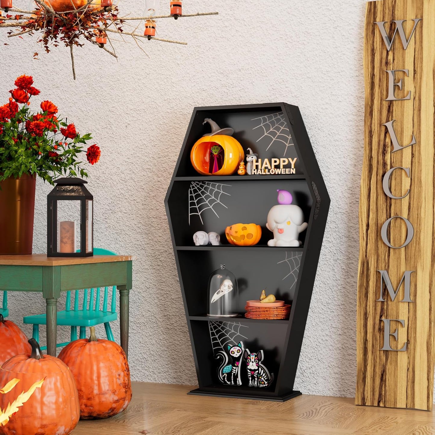 Halloween Goth Coffin Bookshelf 48''H - Wood Tall Coffin Shelf with Spider Web Gothic Decor, Black Spooky Curio Shelf for Home Decor