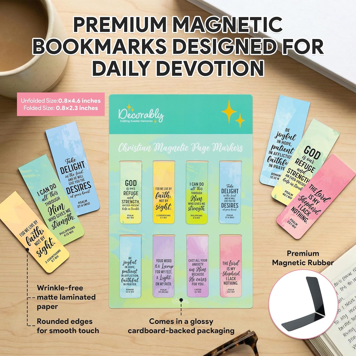 Decorably 8 Pack 0.8x2.3in Bible Verse Christian Magnetic Bookmarks for Women or Men, 8 Watercolor Motivational Designs Prayer Page Clips for Women & Men - Study, Devotional, Journaling, Reading, Gift