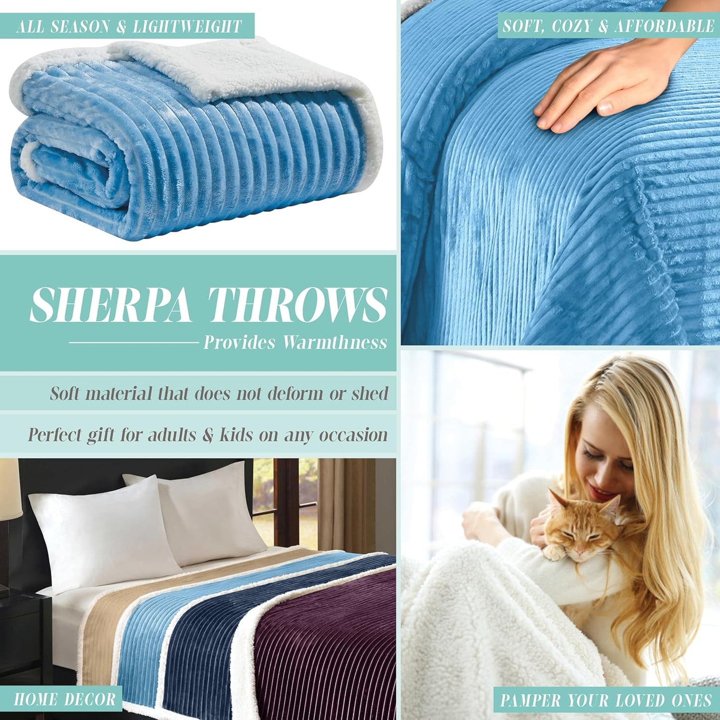 Elegant Comfort Corduroy Sherpa Reversible Throw Blanket, Medium Weight and Super Plush - Soft, Fuzzy and Plush Flannel Blanket - Micro-Suede - Corduroy Striped Pattern, 50 x 60 Inch Throw, Light Blue