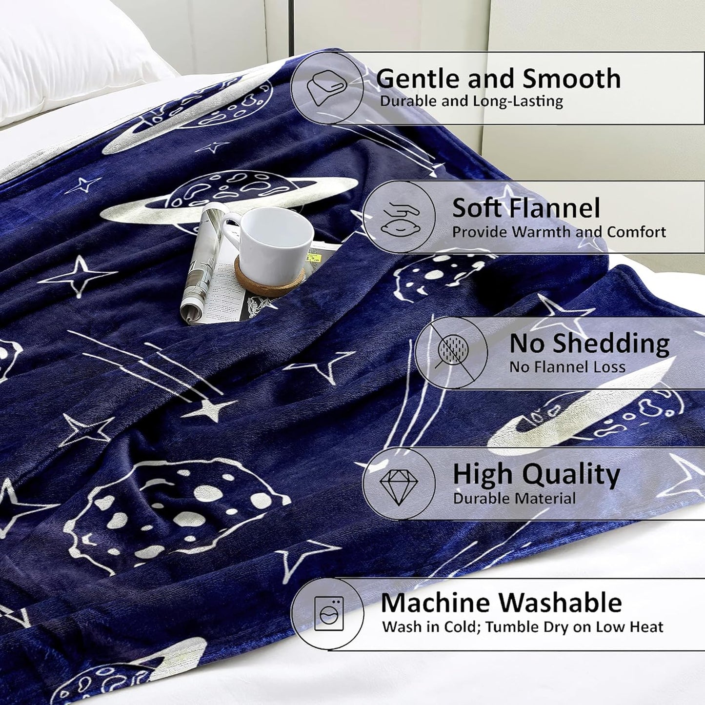 Space Blanket Super Soft Navy Blue Planets and Stars Throw Lightweight Fleece Bed Blankets for Kids Adults Couch Bed (48"x 60", Space)