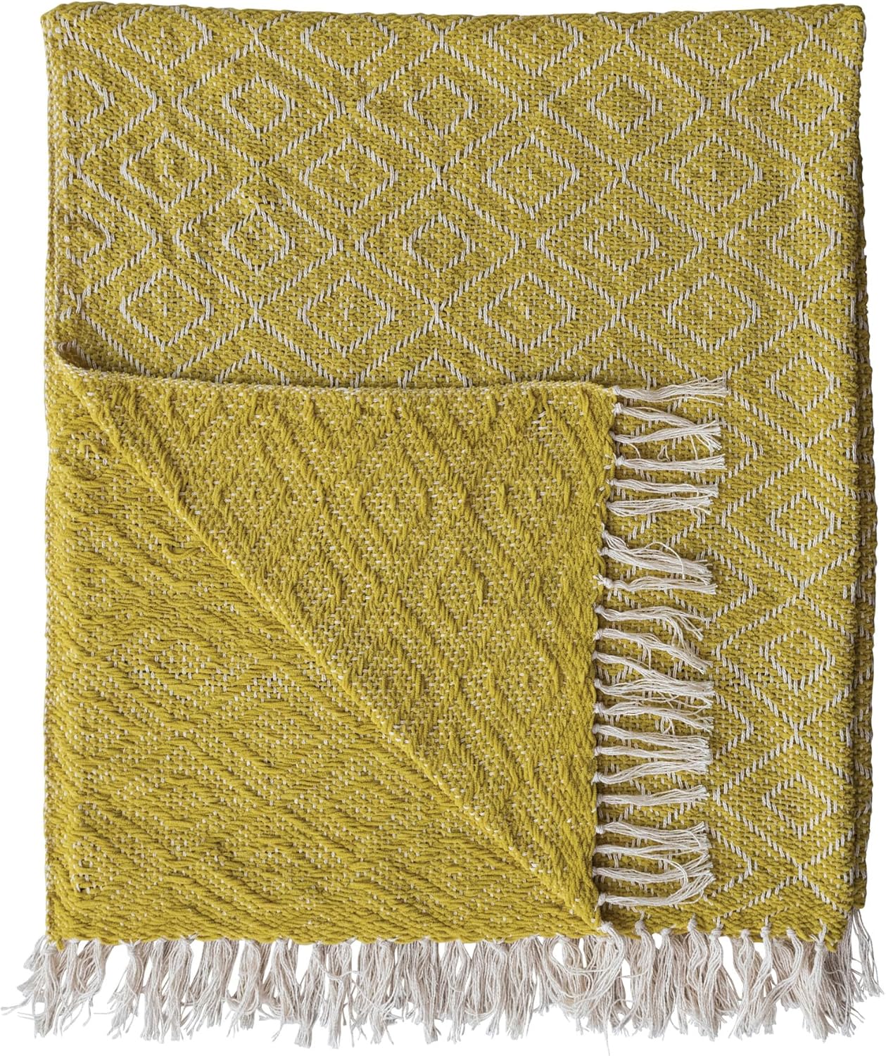 Creative Co-Op Woven Fabric Chenille Throw with Diamond Pattern and Fringe, Mustard and Cream