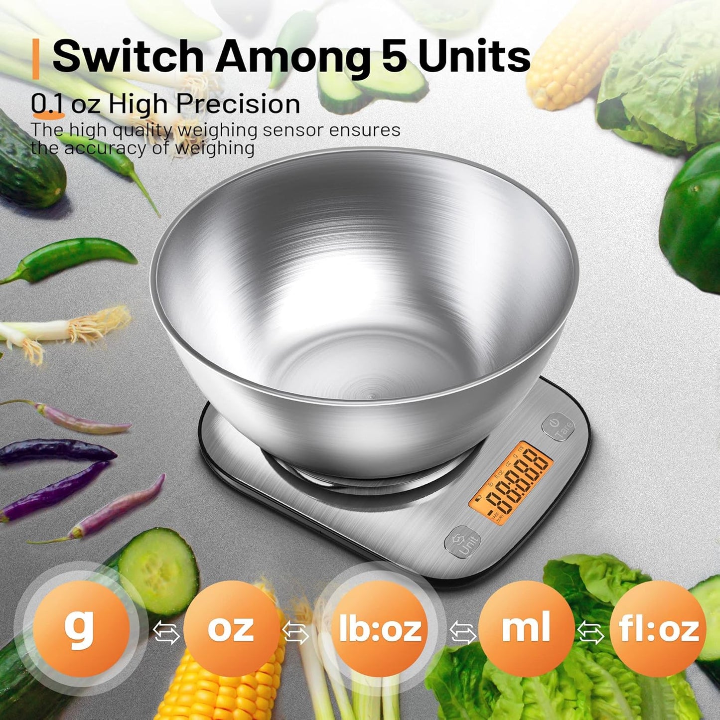 Food Kitchen Scale Digital Weight Grams and Oz with IPX6 Waterproof，Professional Stainless Steel Digital Kitchen Food Scale 11lb/0.01oz with Bowl for Weight Loss Dieting Baking Cooking