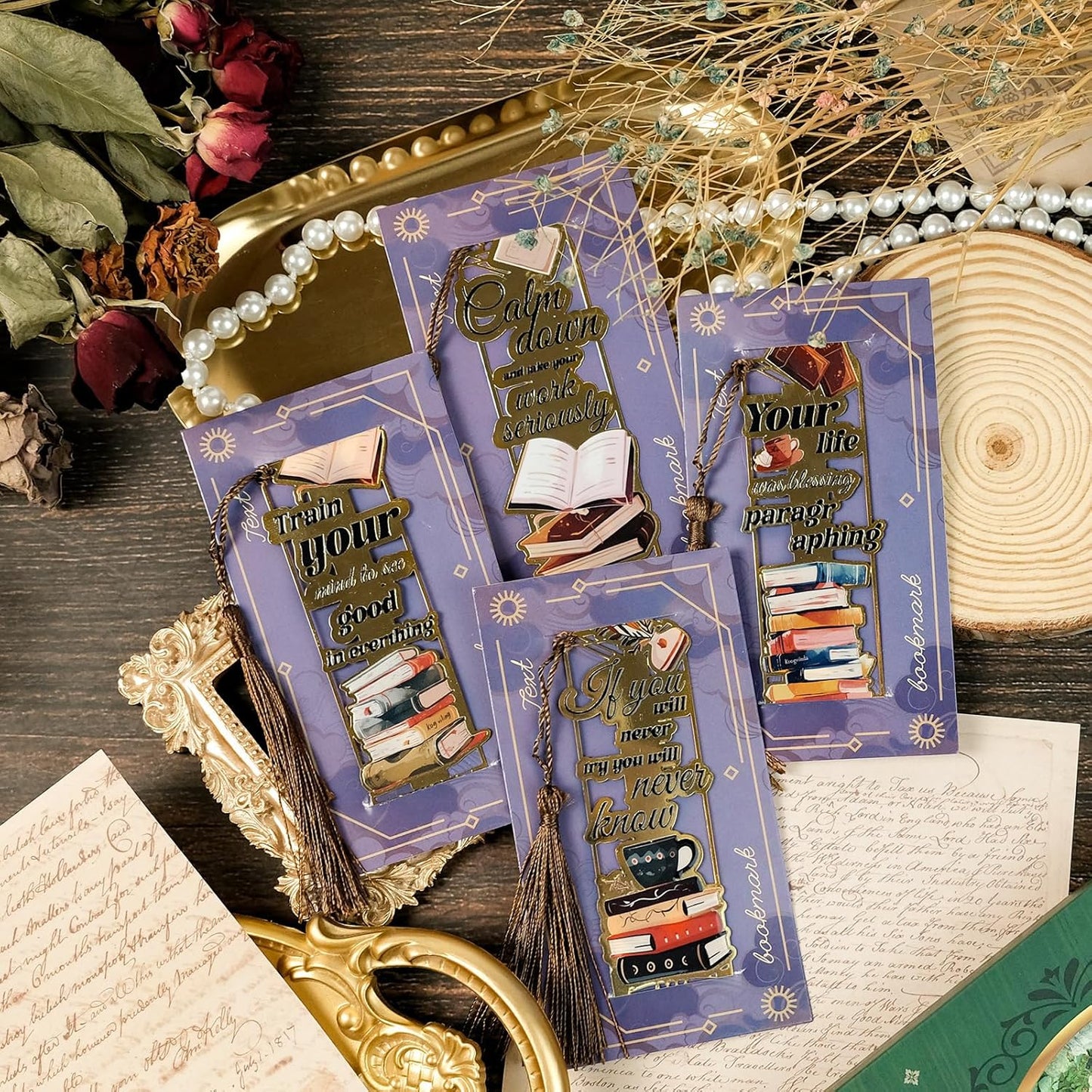 4-Pack Metal Golden Hollow Inspirational Bookmarks with Tassels – Vintage Book Lover's Gift, Motivational Quotes Book Marks for Reading Enthusiasts, Students, Teachers, Men, Women