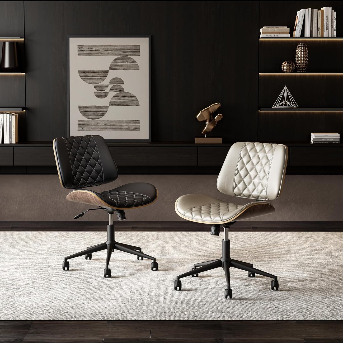 Home Office Chair No Arms with Wheels, Armless Adjustable Height Small Desk Chair, Armless PU Leather Computer Chair Mid Back 360 Swivel, Modern Walnut, Reading Meeting Room (Green)