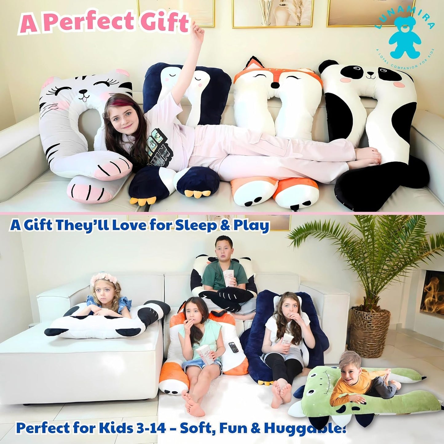 LUNAMIRA Penguin Kids Body Pillow - 47" U-Shape Long Plush Animal Pillow for Kids, Sleeping, Reading, ADHD & Special Needs Comfort, Anxiety, Washable Cover, Snuggle Fun Cuddle Gift for Boys & Girls