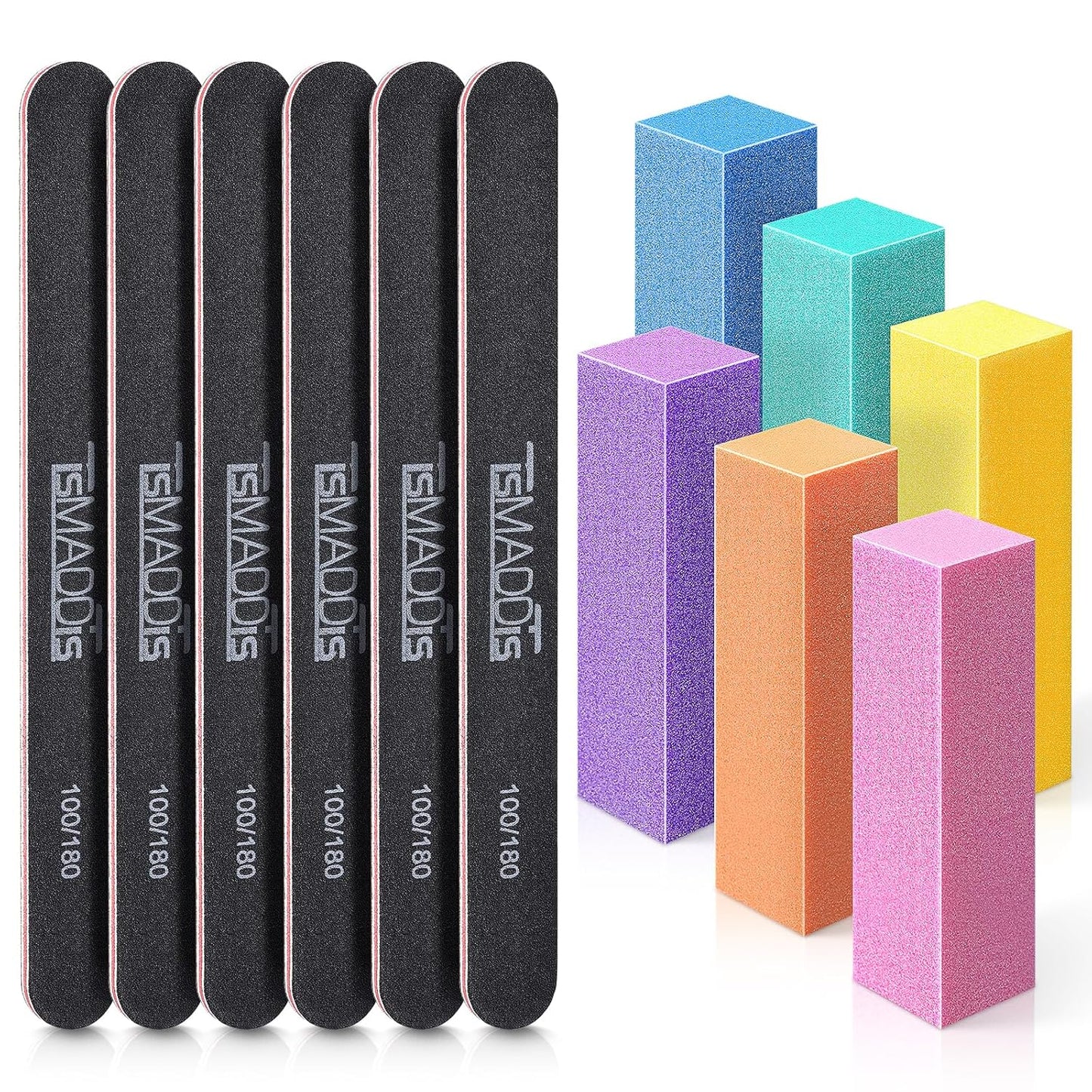 TsMADDTs Nail Files and Buffers, Professional Manicure Tools Kit Rectangular Art Care Buffer Block Tools 100 180 Grit 12 pcs(Black)