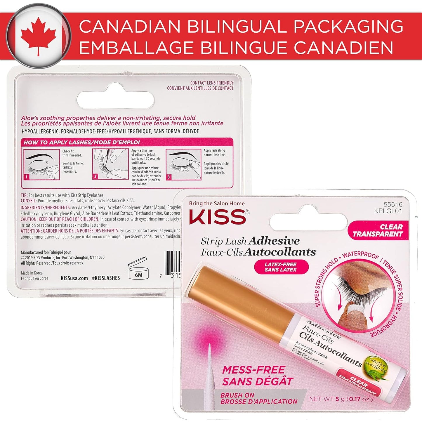 KISS Lash Adhesive, Lash Glue, 24hr Strip Eyelash Adhesive, Clear, Includes Lash Adhesive, Long Lasting Wear, Can Be Used with Strip Lashes and Lash Clusters