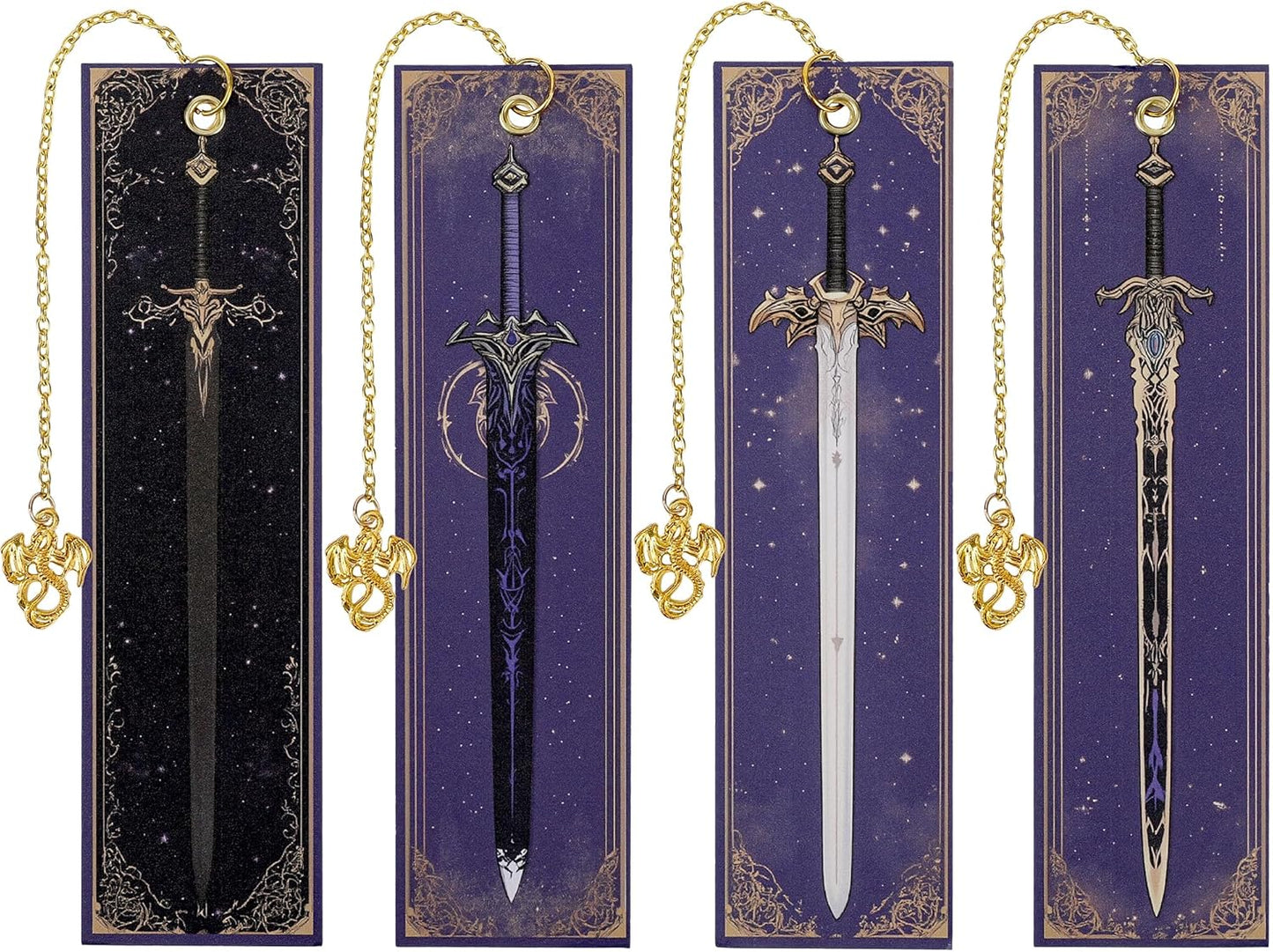 Dragon Sword Bookmark Gifts - 4 Pcs Purple Cool Vintage Bookmarks for Men Reading Lovers Kids Teacher Students Gold Pendant Charm Fantasy Anime Book Marks Office Home Supplies Birthday Gift