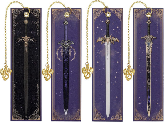 Dragon Sword Bookmark Gifts - 4 Pcs Purple Cool Vintage Bookmarks for Men Reading Lovers Kids Teacher Students Gold Pendant Charm Fantasy Anime Book Marks Office Home Supplies Birthday Gift