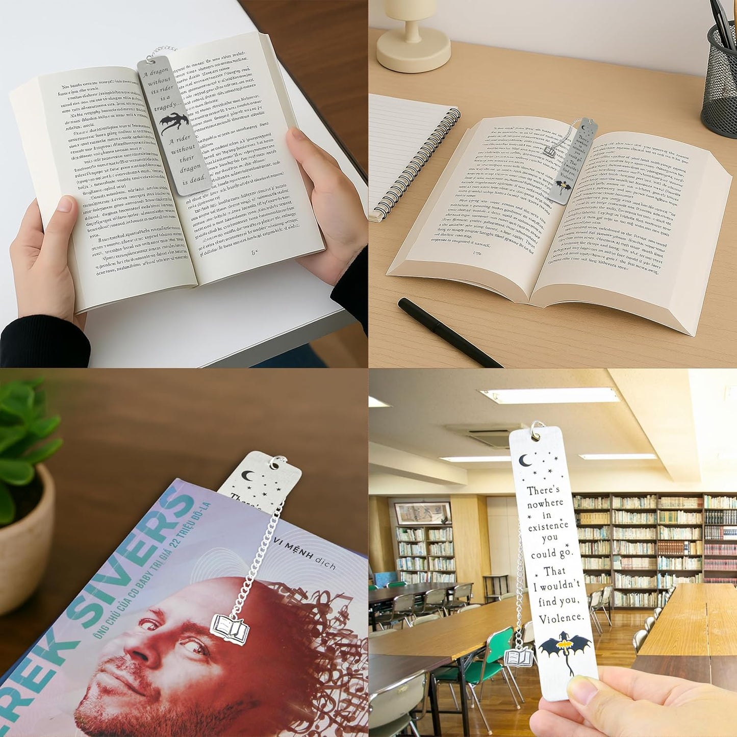 Dragon Metal Bookmarks – Set of 2 Engraved Fantasy Bookmark with Charms, Cool Bookmarks for Women and Men, Bookish Quotes Gifts for Readers, Magical Academy Book Accessories (Style 2)