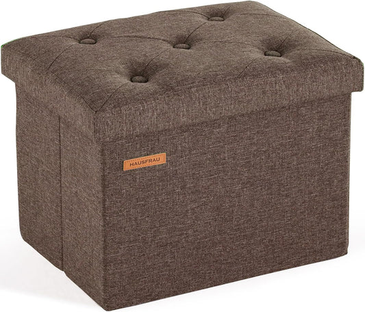 HAUSFRAU Ottoman with Storage Foot Rest Stool, Small Folding Footrest, Tufted Square Cube Seat for Living Room, Bedroom, Dorm, 12.2" x 16.5"x 12.2", Linen Espresso Brown