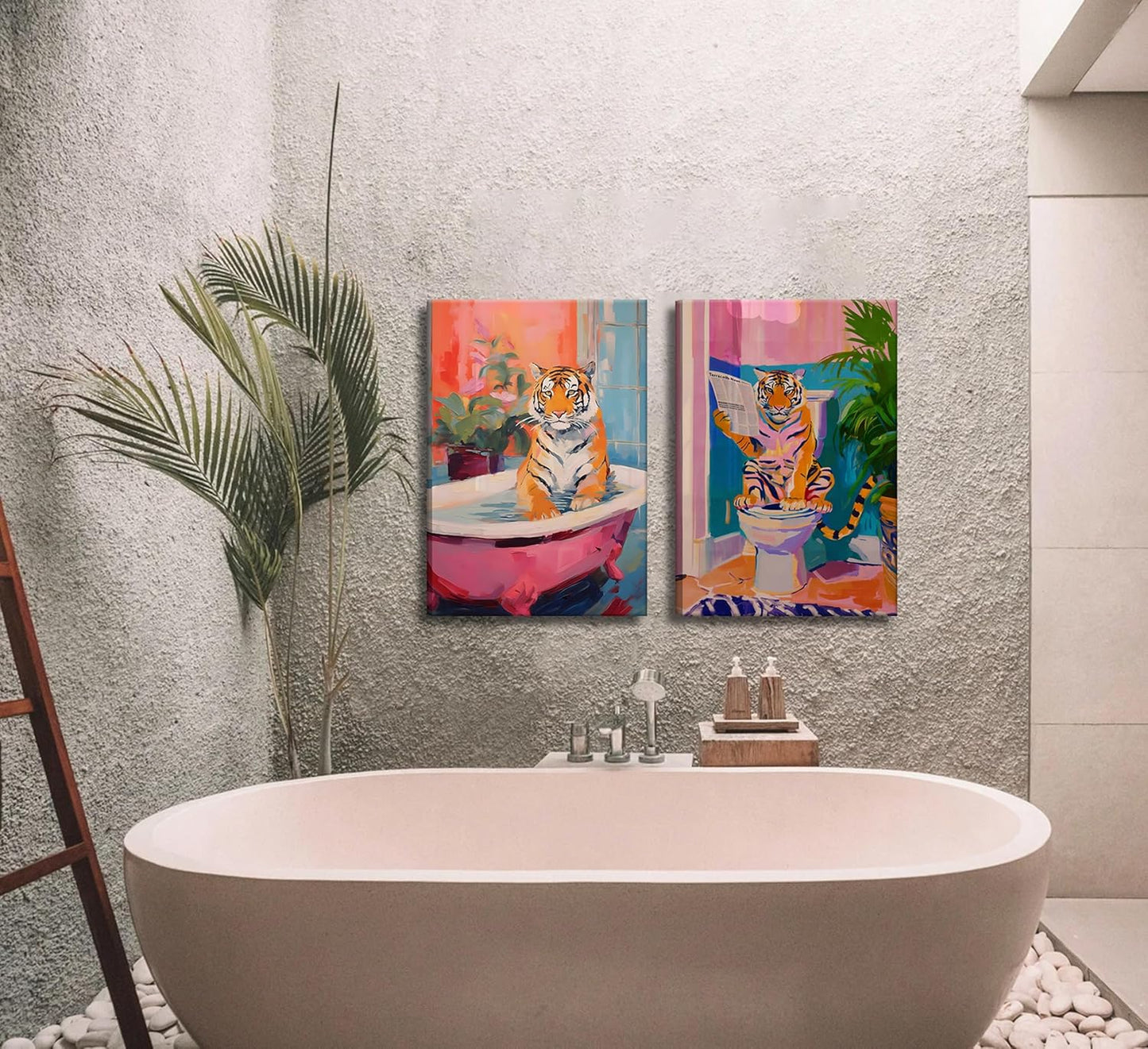 2Pcs Interesting Bathroom Tiger Canvas Wall Art Eclectic Pink Kitsch Aesthetic Animal in Bathtub Painting Picture Wall Decor Fashion Dopamine Poster Print Artwork for Restroom Home Decoration (Canvas, 16x24in)