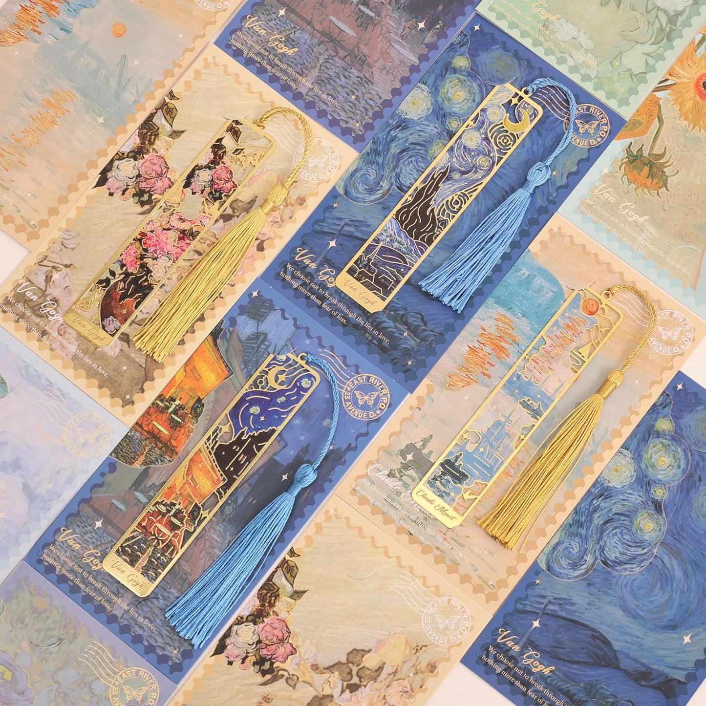 4 Pieces Bookmarks with Tassel, Golden Hollow Metal Bookmark Monet Oil Painting Theme Book Mark for Women Book Lovers Writers Readers Children Teenage Girls, (Starry Sky Style)