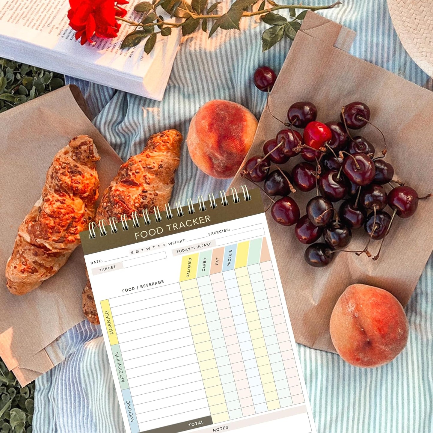 Cora Kate Food Journal Diary, 5.5 x 8.5 Calorie Counter Book, 50-Page Double-Sided Spiral Bound Meal Tracker for Tracking Calories, Carbs, Fat, Protein, Calorie Tracker, Food Log for Diet & Nutrition