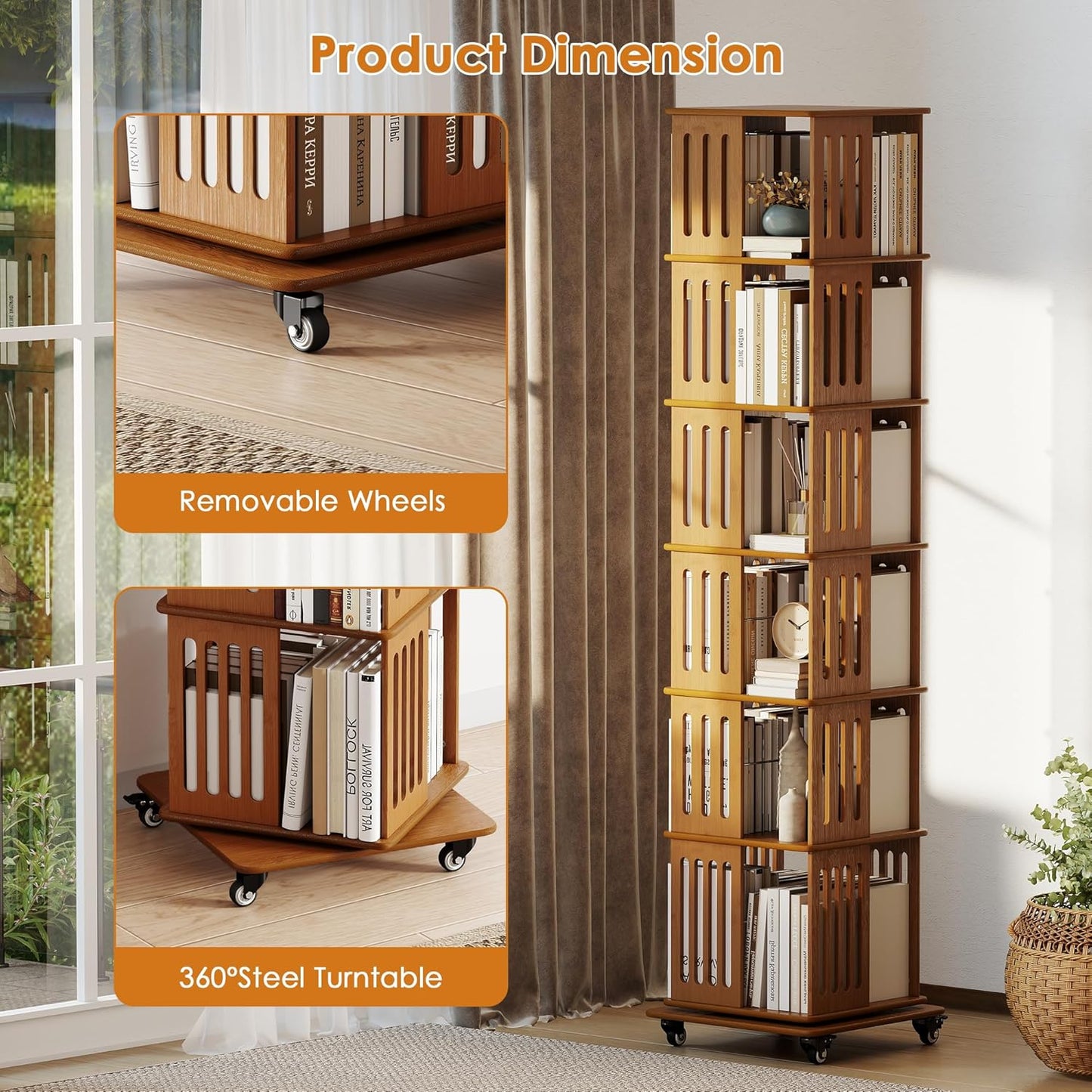 Rotating Bookshelf Tower 6 Tier 360° Bamboo Spinning Bookcase Tall Square Revolving Book Shelf Floor Standing Vertical Space-Saving Storage for Kids Rooms Living Room Bedroom Office - Walnut