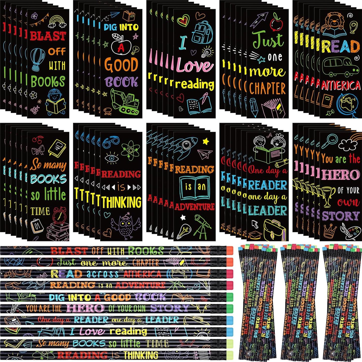 120 Pcs Read Across America Day Gifts for Students: Reading Motivational Bookmarks and Pencils Bulk Set, National Reading Month Teacher Rewards, Classroom School Stationery Party Favors
