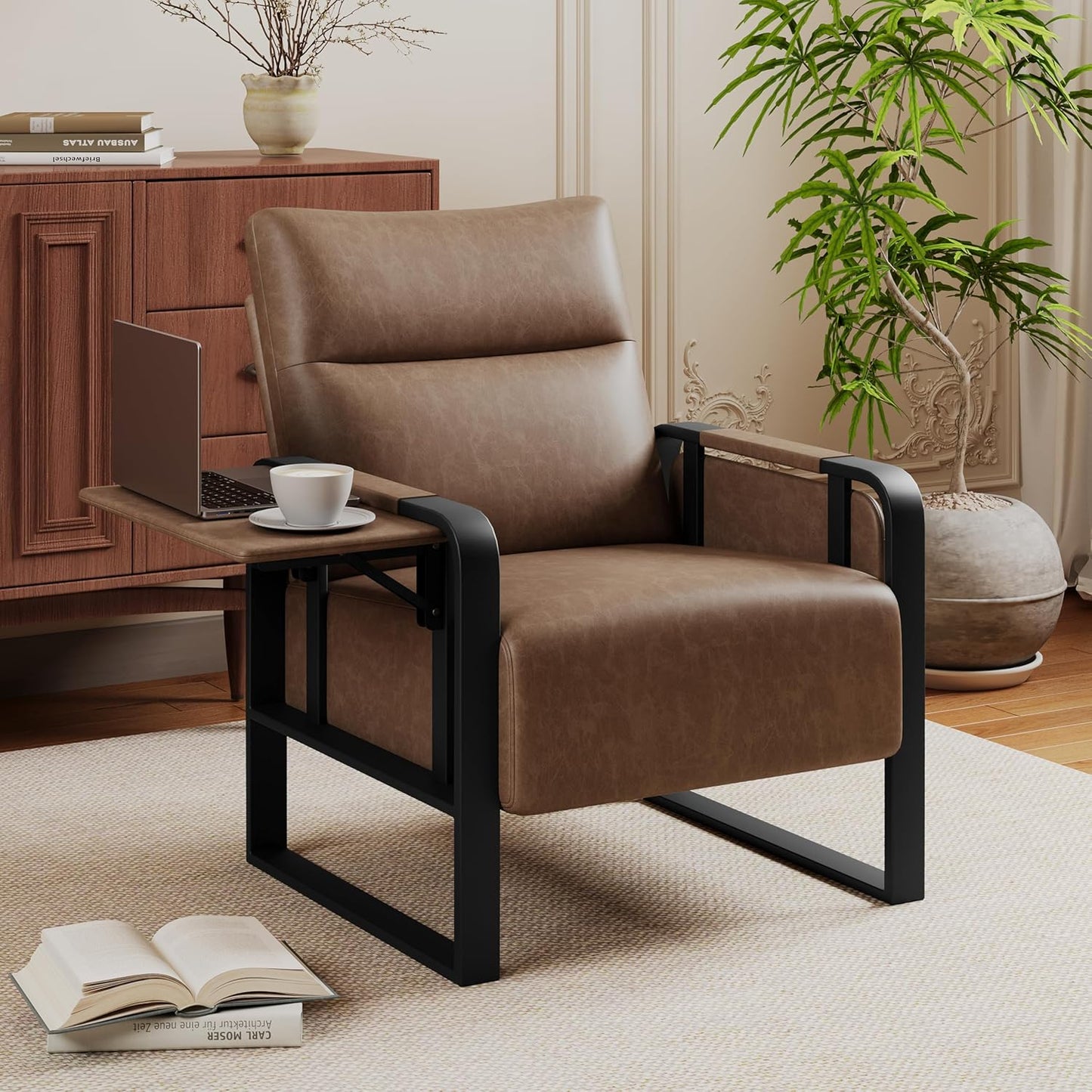 Upholstered Living Room Chair Armchair, Mid Century Faux Leather Metal Accent Chair, Reception Couch Office Guest Chair Slipper Club Lounge Single Sofa with Sidetable for Bedroom-Brown