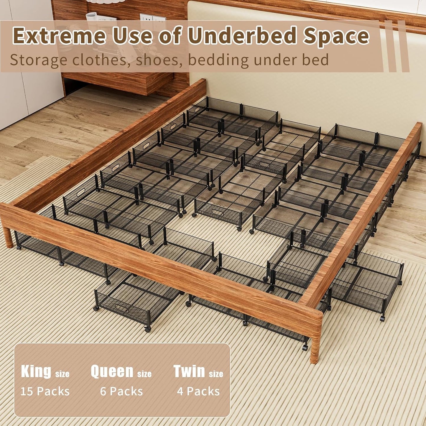 Under Bed Storage with Wheels, 31.5in / 35L Large Rolling Underbed Storage, Underbed Drawer on Wheels, Tool-free Assembly Metal Under Bed Drawers Organizer Container for Bedroom Shoes Clothes Toys