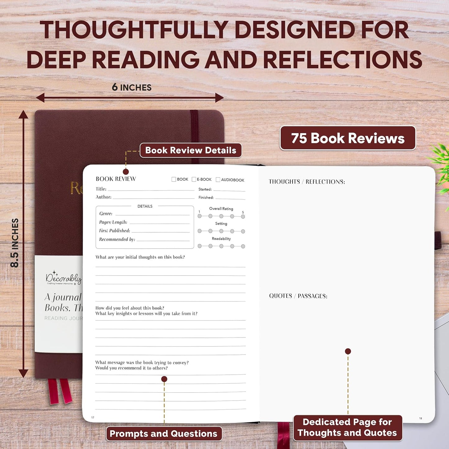Decorably 75 Reviews Gold Foiled Reading Journals for Book Tracking with Stickers, 90 Sheets 6x8.5in with Pages: Index, Daily Tracker, Log, Wish List, Review, and Favorites