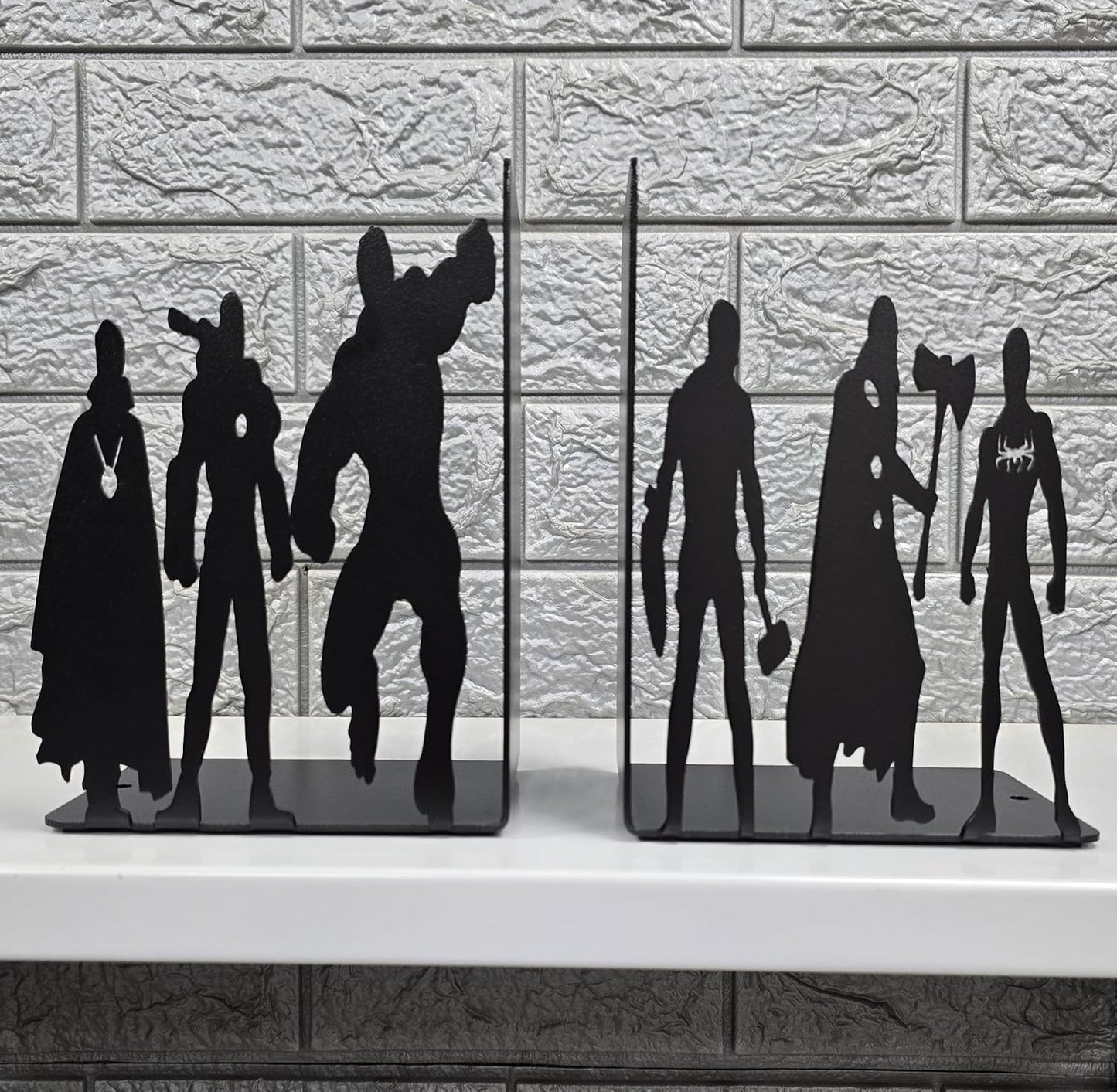 Superhero Metal Bookends, 8 inch Height, 11 inch Width, 4 inch Depth, Black Powder Coated, 3 lbs, Decorative Bookends for Shelves