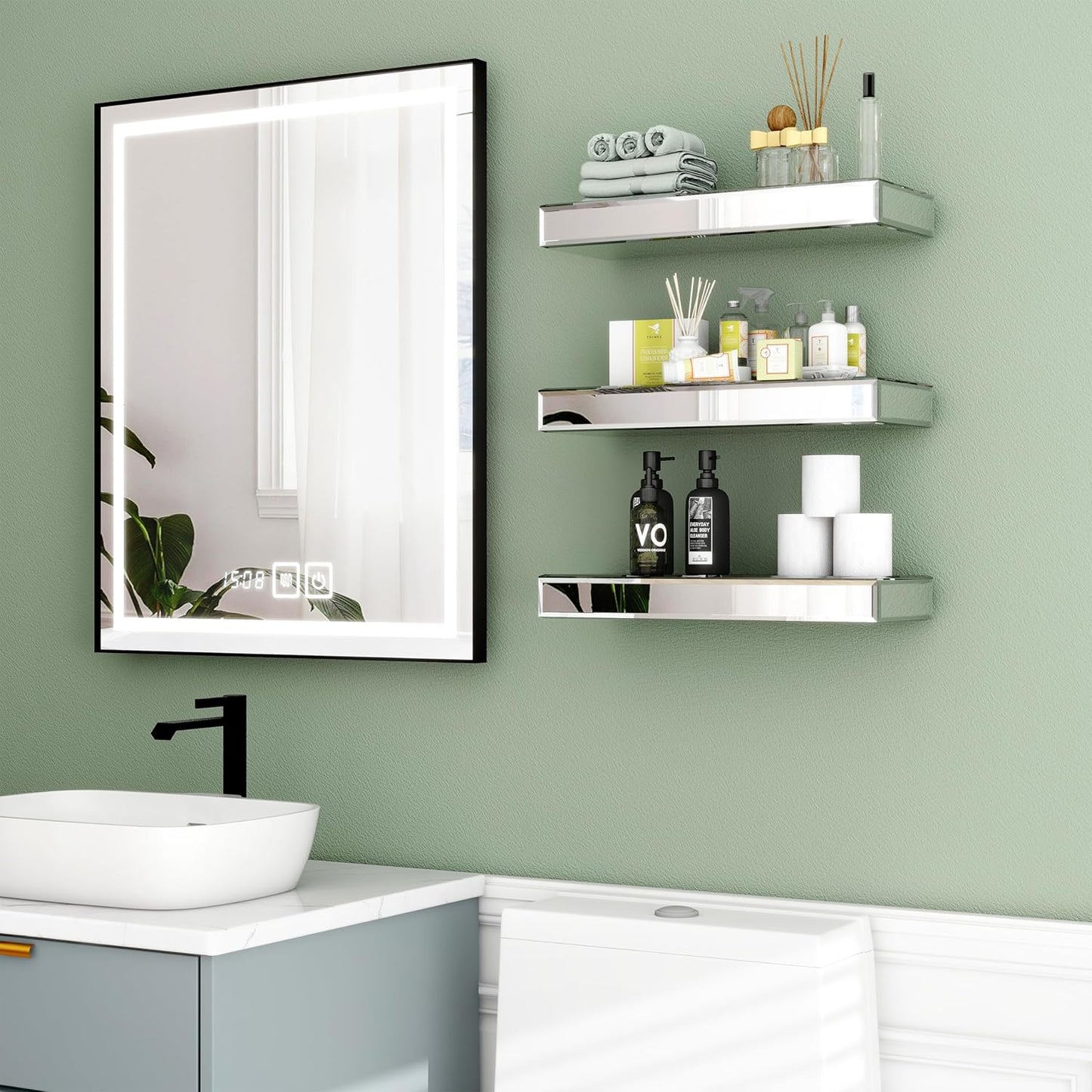 SHYFOY Mirrored Floating Shelves for Wall, Set of 3 Glass Wall Mounted Shelves for Bathroom Decor, Hanging Book Shelf for Bedroom, Living Room, Kitchen, Storage & Decoration, Silver
