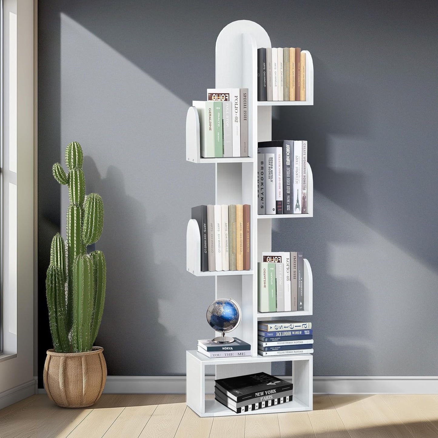 Cactus Tree Bookshelf, 5-Tier Wood 50" Tall Corner Book Storage Rack for CDs/Movies/Books, Small Space-Saving Organizer Shelves for Living Room, Bedroom, Home Office (White)
