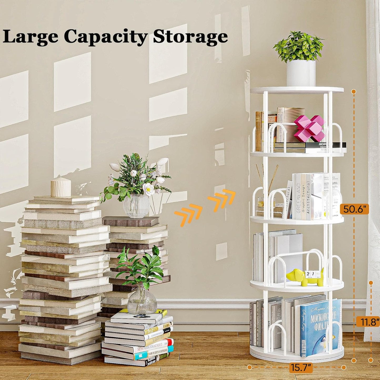 4 Tier Round Rotating Bookshelf Revolving Bookcase, 360° Spinning Book Shelf Tower for Kids, Narrow Rolling Bookshelves for Small Space, Corner, Bedroom, Office
