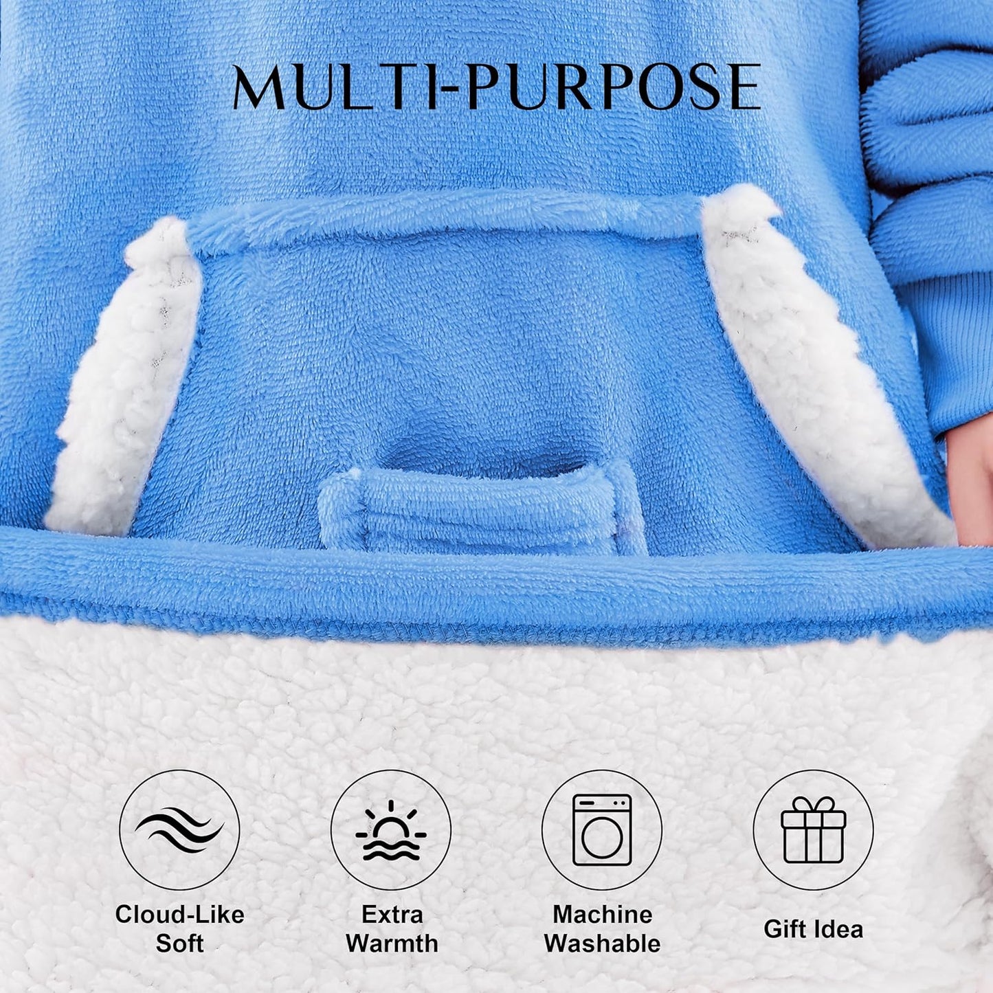 Wearable Blanket Hoodie, Birthday Christmas Gifts for Women Mom Girlfriend, Oversized Cozy and Giant Flannel Sherpa Hooded Sweatshirt Blanket with Hood Pockets & Sleeves, Extra-Long, Blue