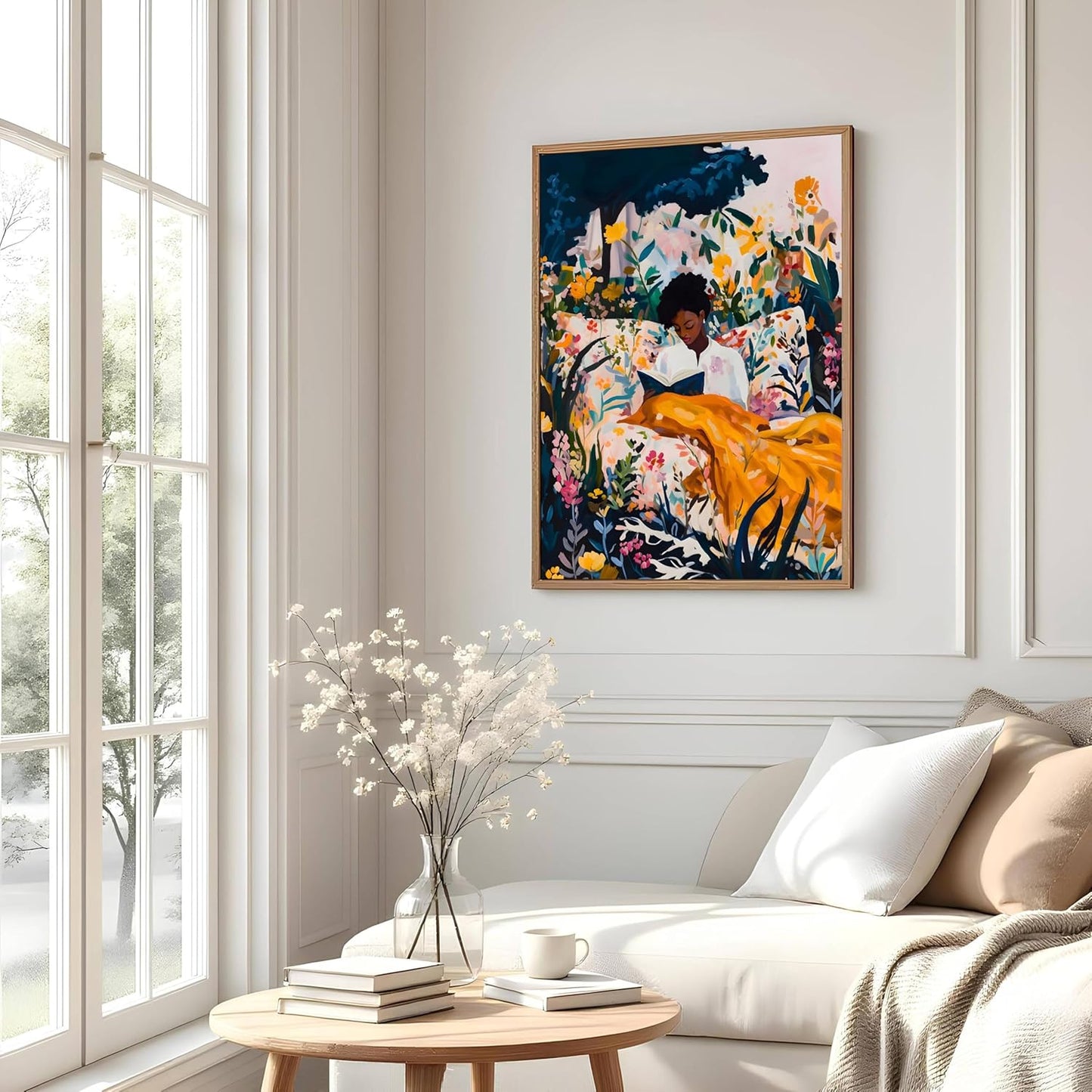 Black woman art Boho wall art Black Woman Reading in Floral Bed Poster Canvas Wall Art Retro African American Modern Family Bedroom Decor Room Aesthetic Wall Art Posters Unframed16x24inch Unframed