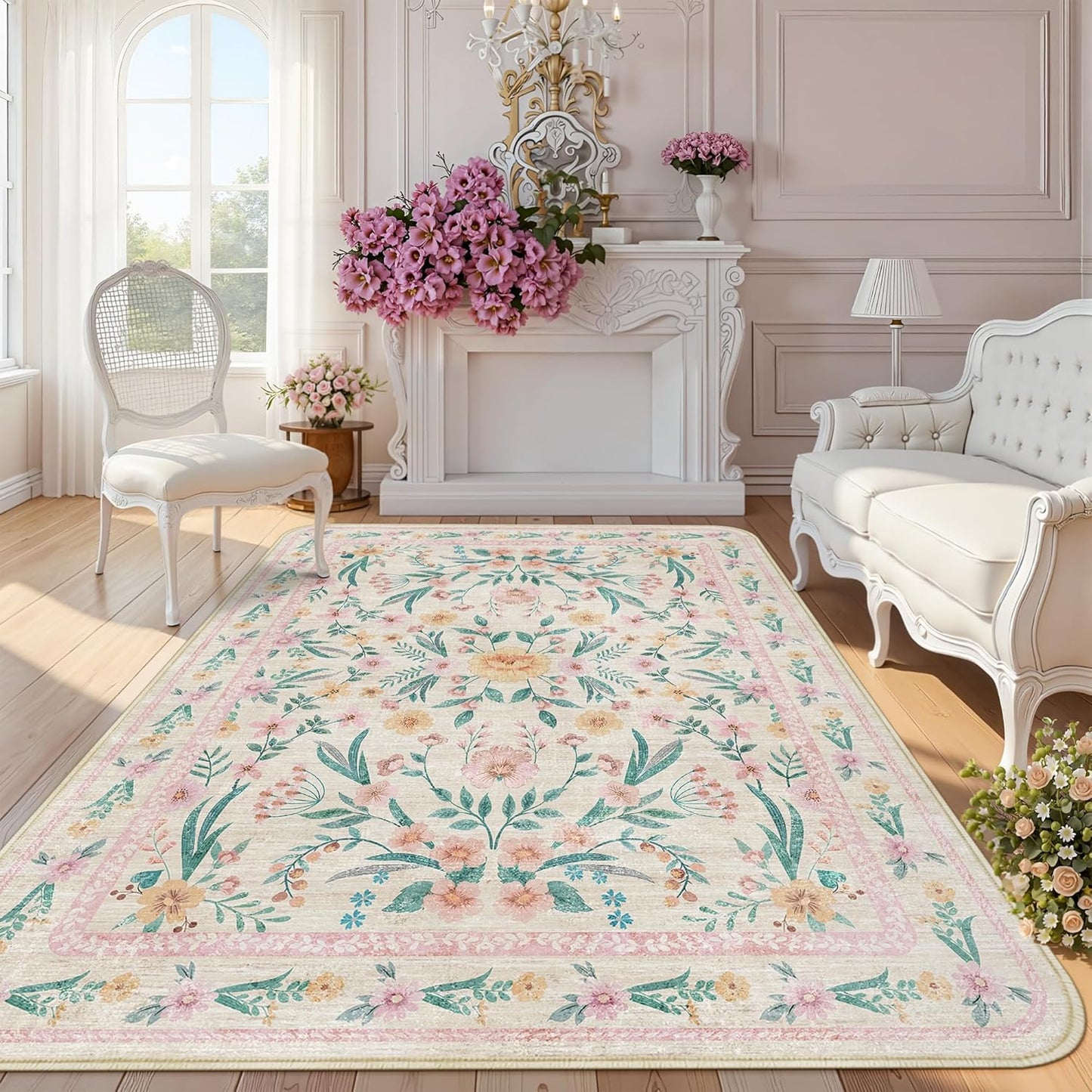7x9 Area Rug Living Room Rugs,Pink Boho Floral Rug Washable Non-Slip Carpet for Girls Bedroom, Low Pile Soft Rug for Under Table or Bed, Aesthetic Home Décor