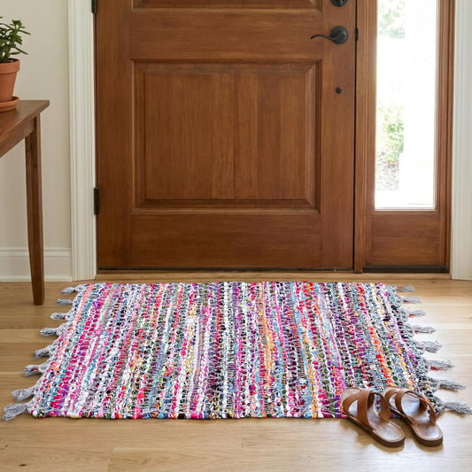 100% Cotton Rag Rug 24x36 - Multicolor Chindi Rug - Hand Woven & Reversible for Living Room Kitchen Entryway Rug -Multi Color