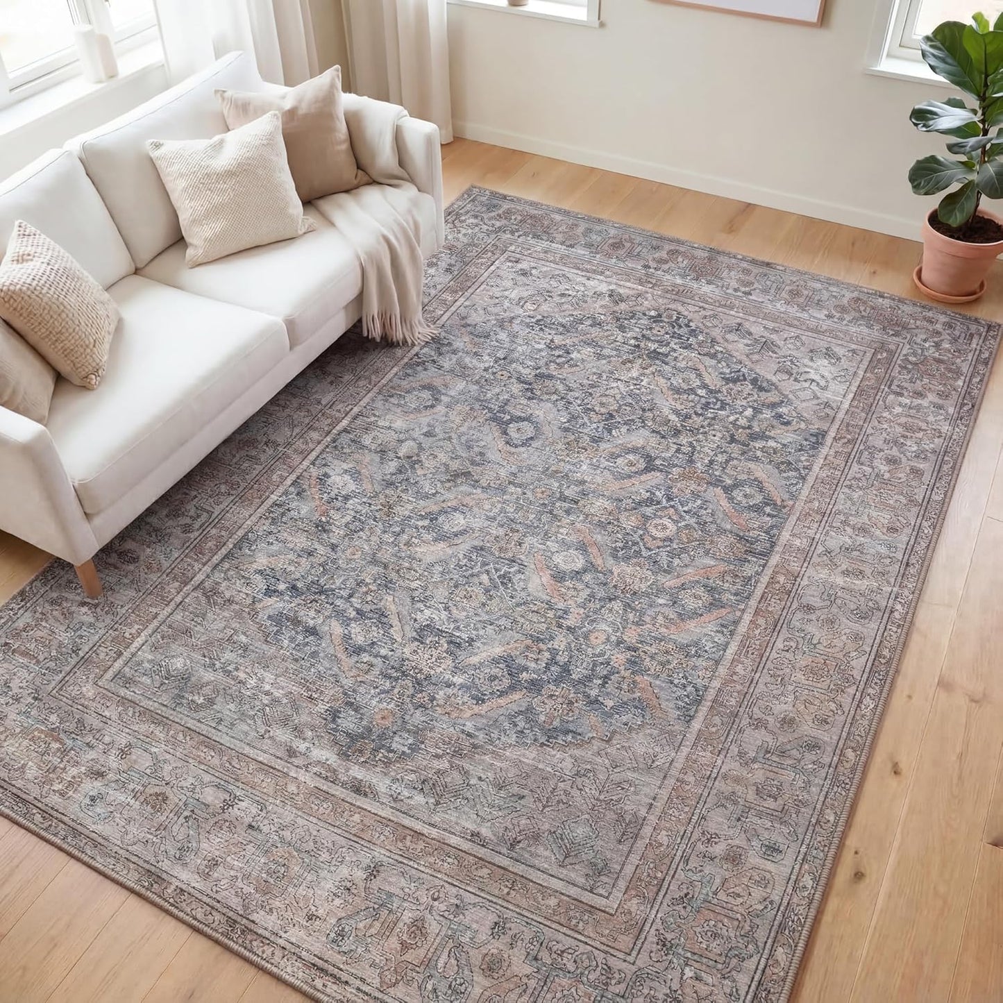 Kuden 4x6 Area Rug, Machine Washable Area Rug with Non-Slip Backing, Vintage Style, Soft, Easy Clean, Low Pile Rug for Living Room, Bedroom, Dining Room