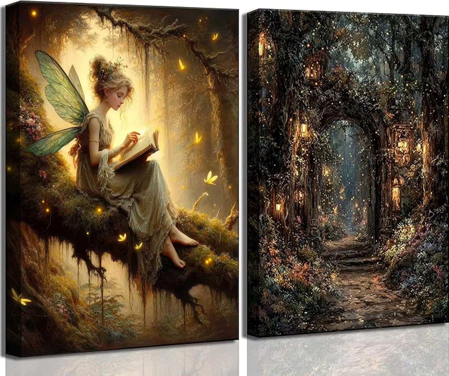 2Pcs Vintage Forest Fairy Canvas Wall Art Sitting On Branch Reading A Book Enchanted Fairy Portal Forest Pictures Wall Decor Posters Prints Girly Aesthetic for College Apartment Bedroom
