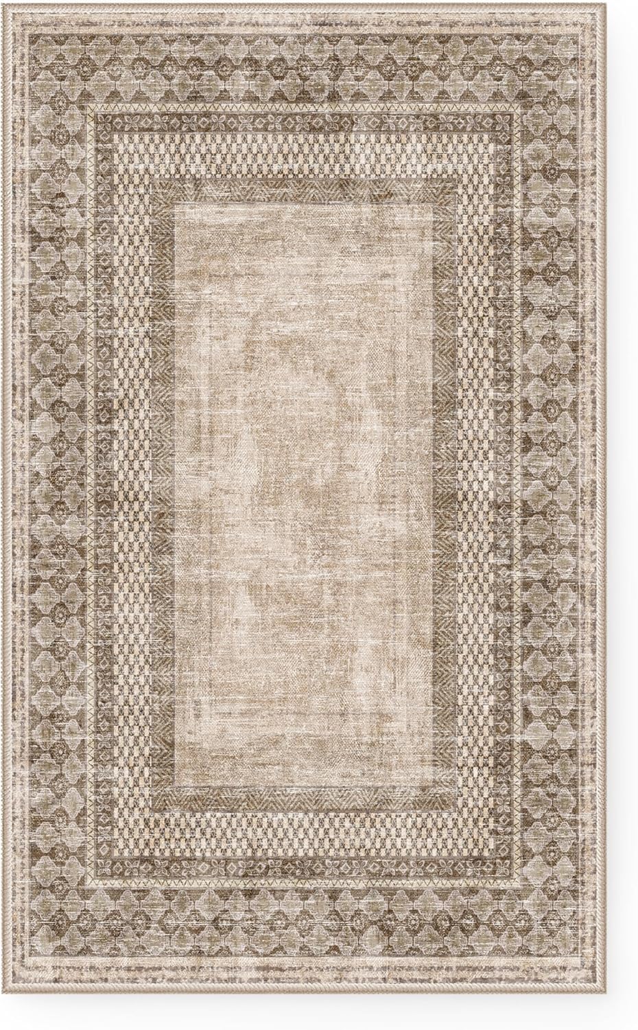 NICETOWN Machine Washable Faux Wool Rugs - 4x6 Area Rugs Ultra-Thin Carpet for Office, Study, Living Room Entryway with Non-Slip Backing, Distressed Large Carpet for Dining Room, Brown