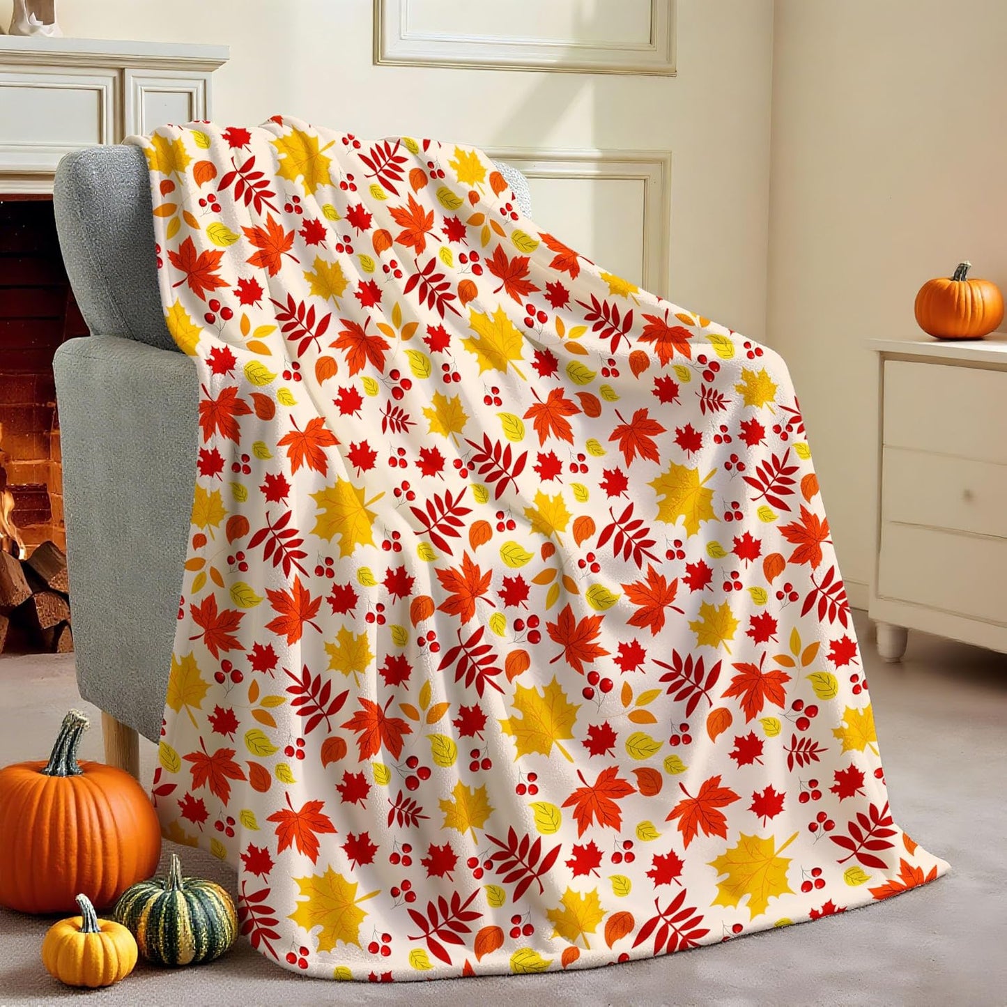 Fall Throw Blanket, Orange Maple Leaves Soft Fuzzy Plush Fleece Blanket, Cozy Warm Flannel Autumn Blankets for Couch Sofa Bed Living Room Home Decor Thanksgiving Gifts Ideas 50"X60"
