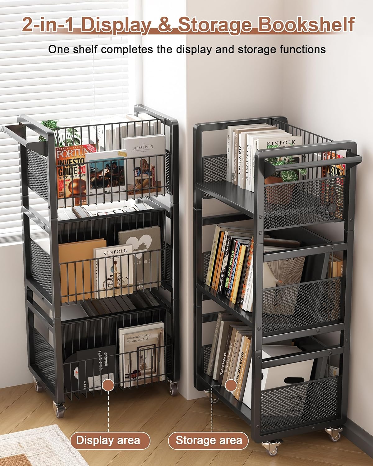 UMDONX Book Cart Heavy Duty Double-Sided with Silent Wheels & 3 Magnetic Book Supports Rolling Bookshelf Library Book Truck for Home, Office, or School