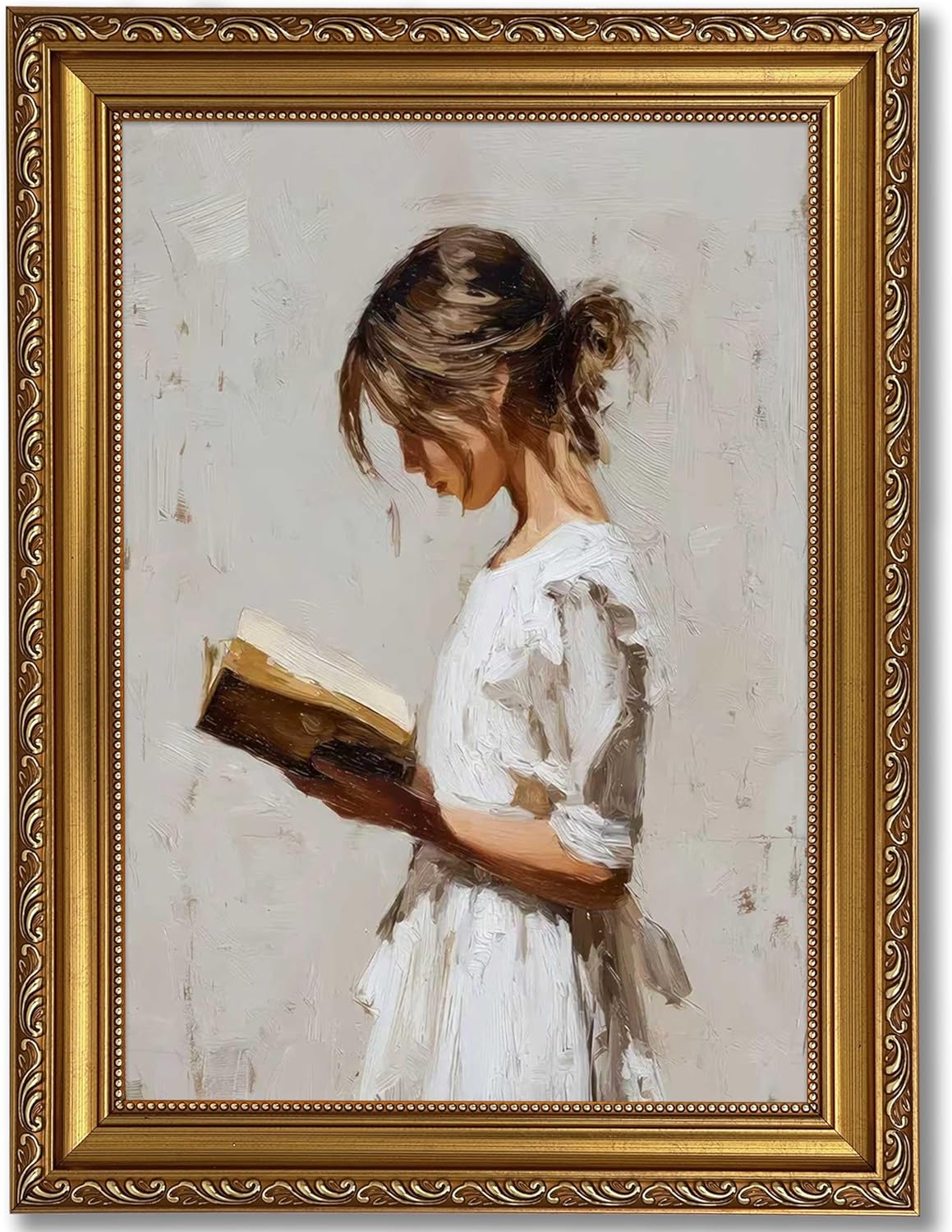 XIGBAWAN Framed Vintage Wall Art Woman Reading Portrait Victorian Gold Frame Canvas Painting Book Lover Reading Room Decor 12x16 Inch