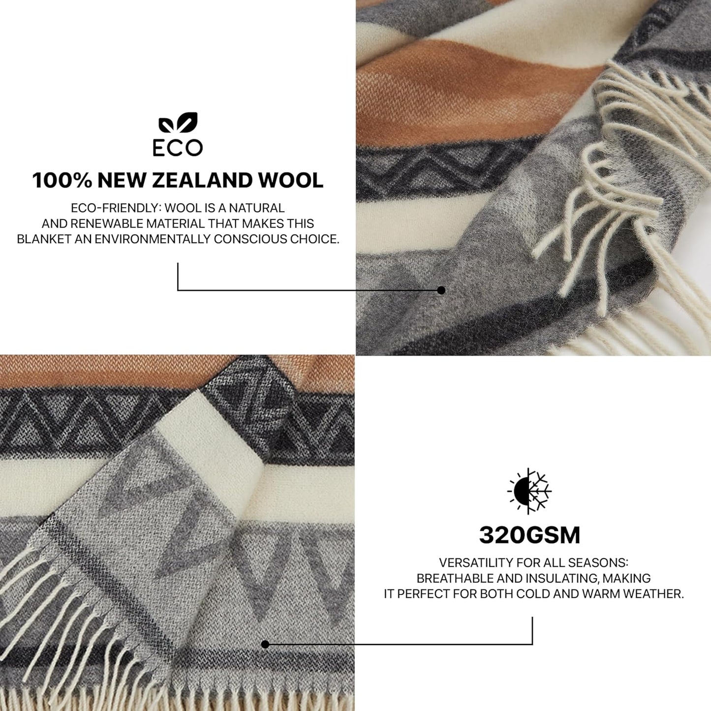 | Wool Blanket/Throw | 100% New Zealand Wool | Perfect for Home and Outdoors | Virgin Wool Throw with Fringes 75"x87" (190 x 220 cm)